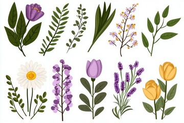 Collection of flowers in various colors and sizes, including purple, yellow