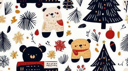 Cute Cartoon Winter Animals and Festive Christmas Patterns