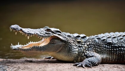 Obraz premium Ferocious Mugger Crocodile Baring Teeth in Striking Riparian Environment, Showcasing the Power and Majesty of the Marshlands at Dawn