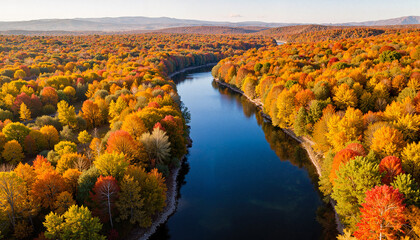 Obraz premium Autumn river surrounded by vibrant fall foliage