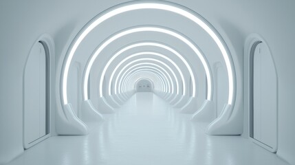 Obraz premium Futuristic white corridor, glowing arches, doors, perspective