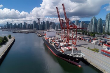 Container Ship Docked at Port with City Skyline and Cranes Under Cloudy Sky