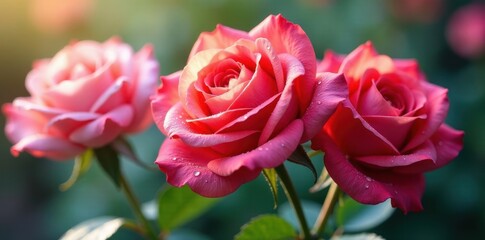 Fototapeta premium Close-up of three roses with glistening water droplets, freshness, studio shot, isolated