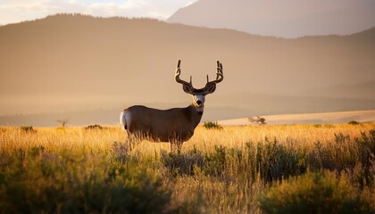 Serene Mule Deer Grazing Against the Backdrop of a Winter Wonderland, Set Amidst SnowCovered Fields and Majestic Mountains
