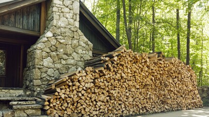 Stacked Firewood Next to Cozy Stone Cabin in Lush Green Forest