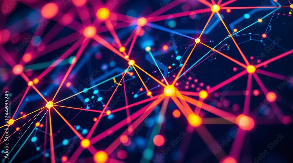 Poster connected glowing nodes and lines create an abstract network, symbolizing technology and communicati