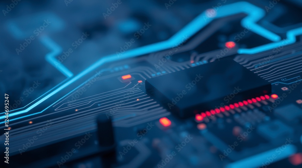 Poster close-up captures the mesmerizing details of a computer circuit board with glowing blue lines.