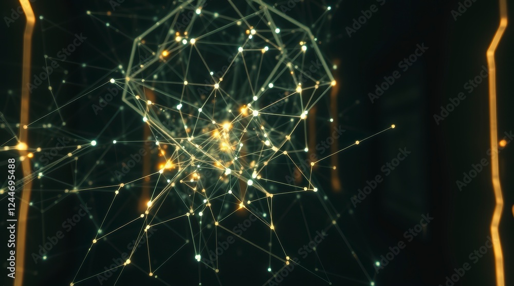 Aufkleber an abstract plexus of interconnected golden lines and nodes represents digital connectivity.