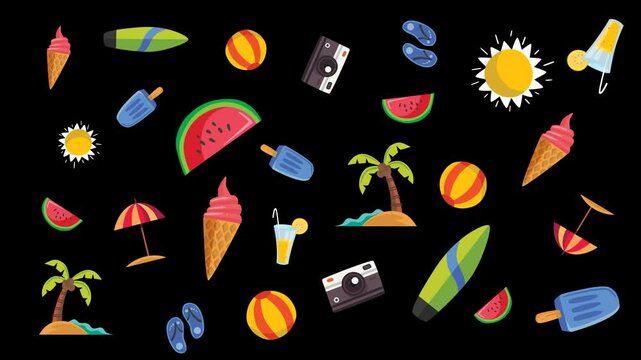 4k animated Wallpaper Summer motion graphic moving elements. A colorful image of various summer items such as watermelon, ice cream, and beach balls, Isolated on Black Background.