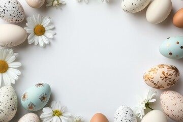 White background with a bunch of eggs and flowers
