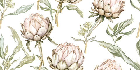 Fototapeta premium Vector seamless Vintage Repeating artichoke pattern in shades of pastel brown, wallpaper in a watercolor design on a white background.