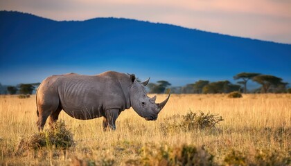 Majestic Black Rhino in Nakuru National Park at Sunrise, Kenya Diceros bicornis Grazing Amid Lush Savannah with a Backdrop of Mountains