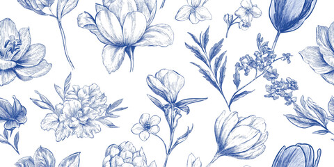 Vintage blue floral ethnic tapestry modern embroidery seamless pattern, texture boho design vector silhouette indigo blue flower motif branches leaves wallpaper background