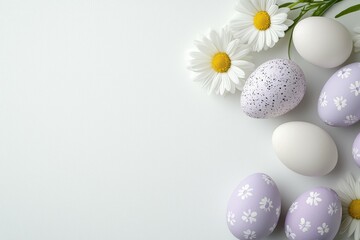 Obraz premium White background with a bunch of eggs and flowers