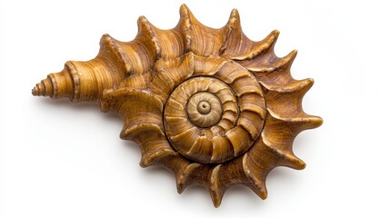 Fototapeta premium Golden Brown Fossilized Spiral Shell On White Background
