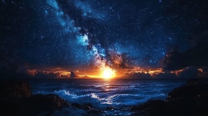 Ocean sunrise, Milky Way, night sky, waves, rocks, fantasy, travel, poster