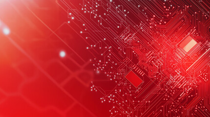Abstract  of a glowing blue digital circuit board, showcasing intricate connections and technological design on a red  background.