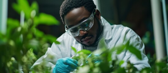 Concentrated Black male environmental scientist examining plants with safety glasses in greenhouse