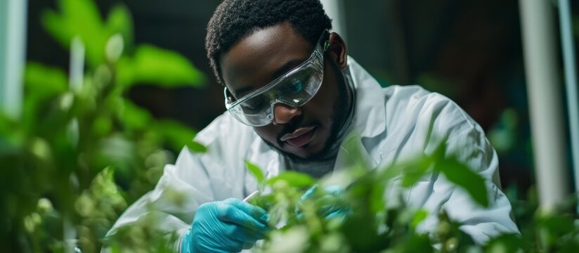 Concentrated Black male environmental scientist examining plants with safety glasses in greenhouse