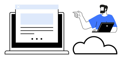 Business professional with laptop points at computer screen with web interface, large cloud icon. Ideal for cloud computing, technology, remote work, collaboration, online services, IT solutions