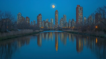 Obraz premium City skyline reflected in calm water, full moon, twilight