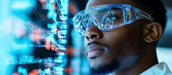 Focused Black Scientist Examining Data in Futuristic Lab with Glasses