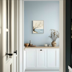 a small framed painting hanged on the wall over a white cupboard