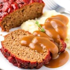 Slices of meatloaf served with mashed potatoes and gravy
