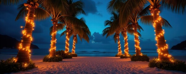 Garland-draped palm trees at night Festive tropical scene , Christmas lights, night, illuminated