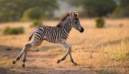 Naklejka premium Vibrant and Spirited Burchells Zebra Foal Gallops Freely Through African Savannah, Showcasing the Joy of New Beginnings in a Stunning Display of Wildlifes Playful Energy.