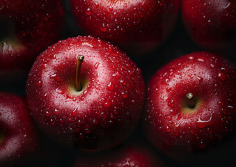 Fresh apples with shiny red skin arranged on a clean surface, high-quality photo showcasing vibrant colors and texture, ideal for food presentations or market displays.