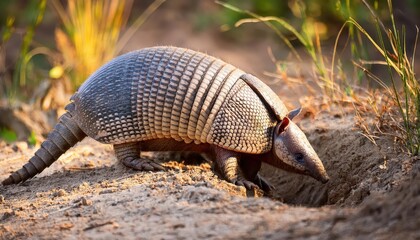 Venturing Forth Witnessing the Awakening of a Ninebanded Armadillo from its Burrow amidst the Vibrant American Wilderness, Early Morning Light Irradiating the Scene