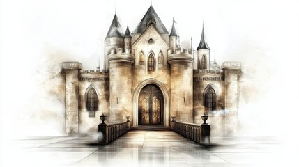 Fototapeta premium Grand Stone Castle Watercolor Painting With Sepia Tones and Serene Atmosphere