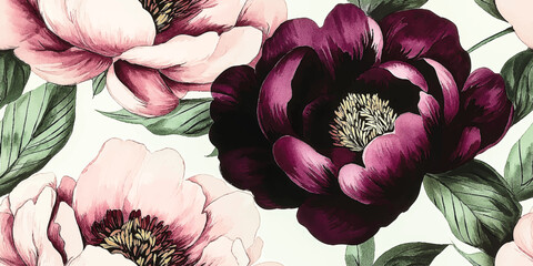 Vector Seamless vintage watercolor pattern with burgundy roses and peonies, floral pattern, elegant peonies seamless print, Template design for textiles, interior, clothes, wallpaper. Botanical art © Eli Berr