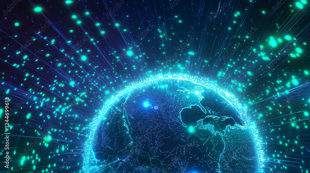 Poster futuristic digital planet earth with tech devices and data flow