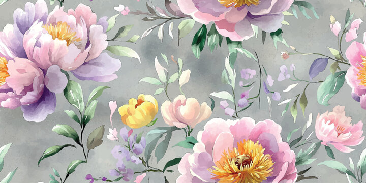Vector Watercolor seamless pattern of peony and blossom flowers on gray splash background for wedding, invitation, valentine cards and prints, Botanical art