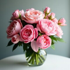 Fototapeta premium Luscious pink peonies and roses bouquet Ample copy space , roses, detail, leaves