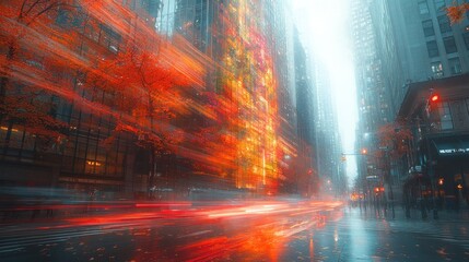 Fototapeta premium Autumnal Cityscape: Blurry Lights and Vibrant Fall Colors