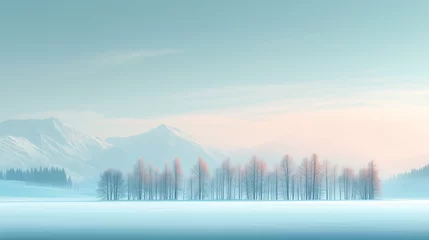 Gardinen Minimalistic landscape of a frozen lake with snow-capped trees, mountains and a space to copy © Ilya