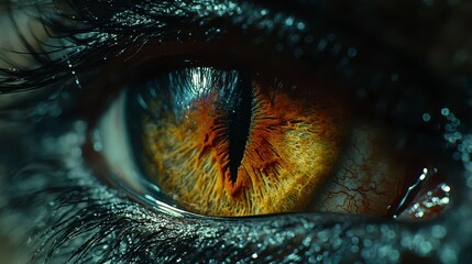 Close-up of a fiery cat eye, dark background, fantasy art