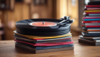 A colorful soft focus of a stack of vinyl records on a wooden table ,  collection,  album,  record