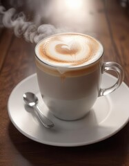 Obraz premium A cup of steaming hot coffee with a layer of frothed milk and espresso at the bottom, warm, texture, froth