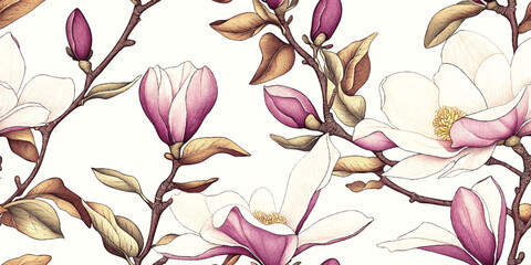 Magnolia pink flower vintage wallpaper packaging, vector seamless pattern for fabric, textiles, clothing, wrapping paper, cover, banner, home decor, abstract backgrounds.
