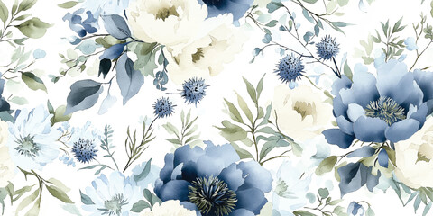 Vector Seamless floral pattern with bouquet of delicate peonies on white summer background in shades of navy blue, watercolor illustration. Template design for textiles, interior, clothes, wallpaper © Eli Berr