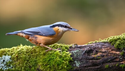 Fototapeta premium Striking Nuthatch Sitta Europaea Perched on Mossy Log in Forested Landscape, Capturing the Essence of Wildlife and Nature at Twilight
