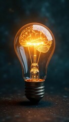 Illuminated golden brain inside a lightbulb; textured paper backdrop , bright, solution, glow