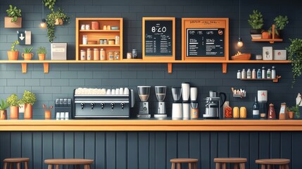 Cozy coffee shop counter with modern design, showcasing espresso machines, menu boards, and various decor elements in a stylish interior setting.