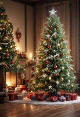 A festive Christmas tree with New Year's decorations and snowflakes in the background,  New Year's decor,  winter wonderland,  festive lights