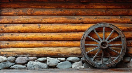 Obraz premium Rustic Wooden Cabin Wall with Vintage Wagon Wheel Decoration