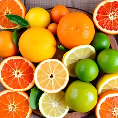 A Colorful Collection Of Citrus Fruits Arranged On A Wooden Surface